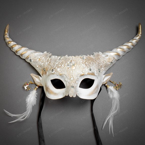 Krampus Horn Lace Animal Devil Women Mask - White Gold - Picture 2 of 5